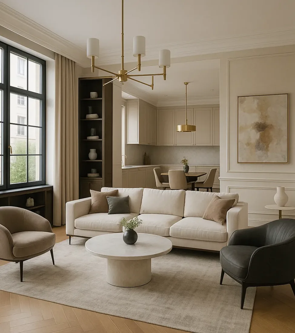 Luksusowy salon w stylu nowoczesnym – przestrzeń open space z dużymi oknami, elegancką sofą i marmurowym stolikiem kawowym.